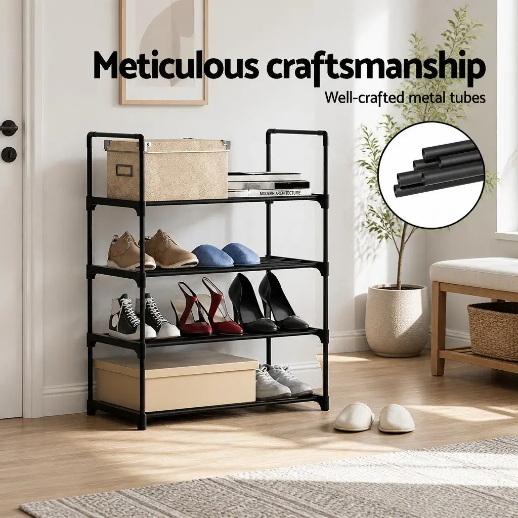 Shoe Rack Cabinet 4-Tier Stackable Storage Organizer 12 Pairs Black Metal Frame