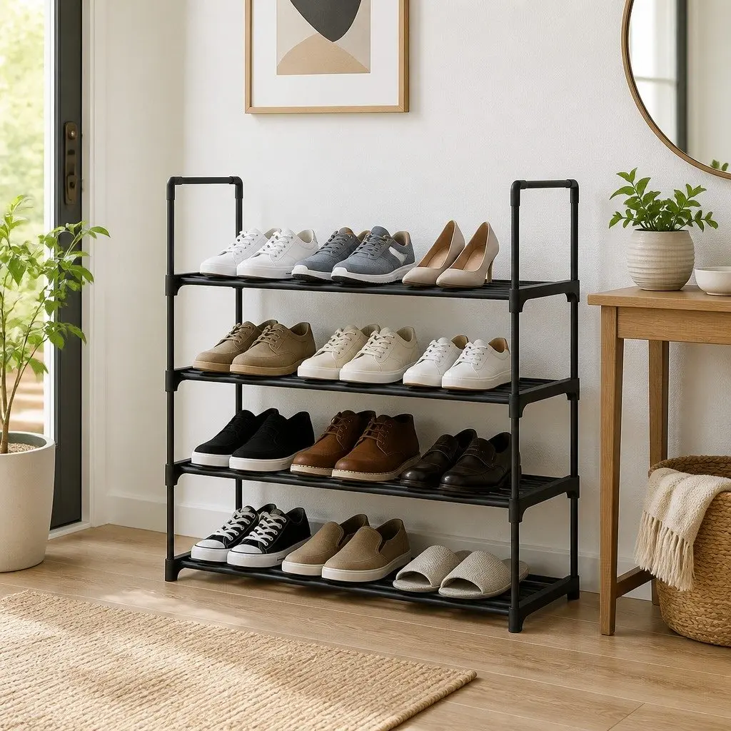 Shoe Rack Metal 4-Tier Black Stackable Storage Organiser