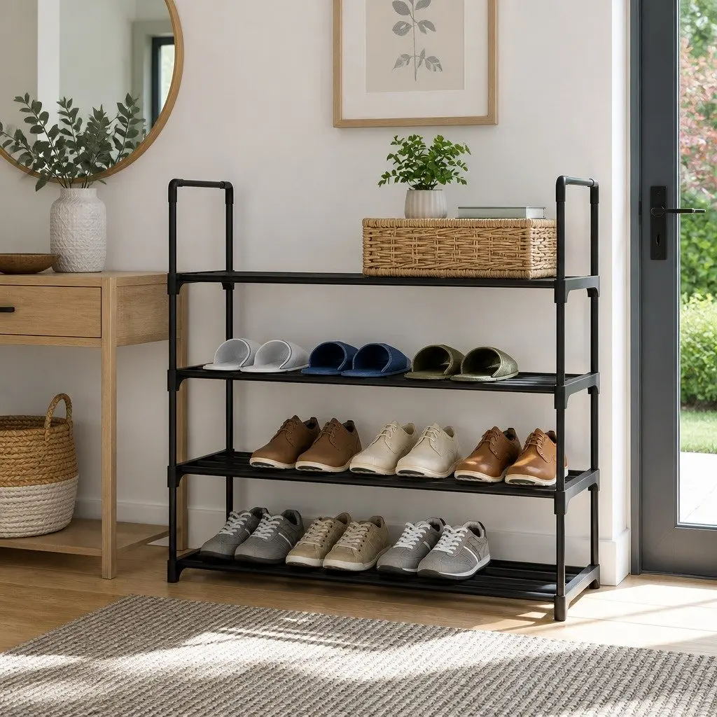 Shoe Rack Metal 4-Tier Black Stackable Storage Organiser