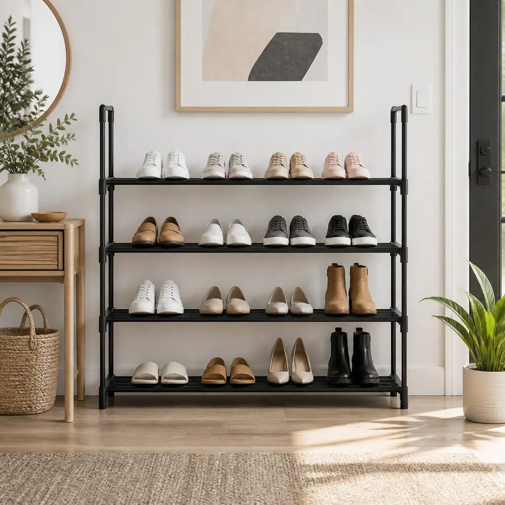 Shoe Rack Metal 4-Tier Black Stackable Storage Organiser
