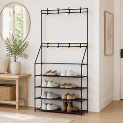 Sturdy Five-Tier Shoe Rack Hall Tree for 16 Pairs in Black