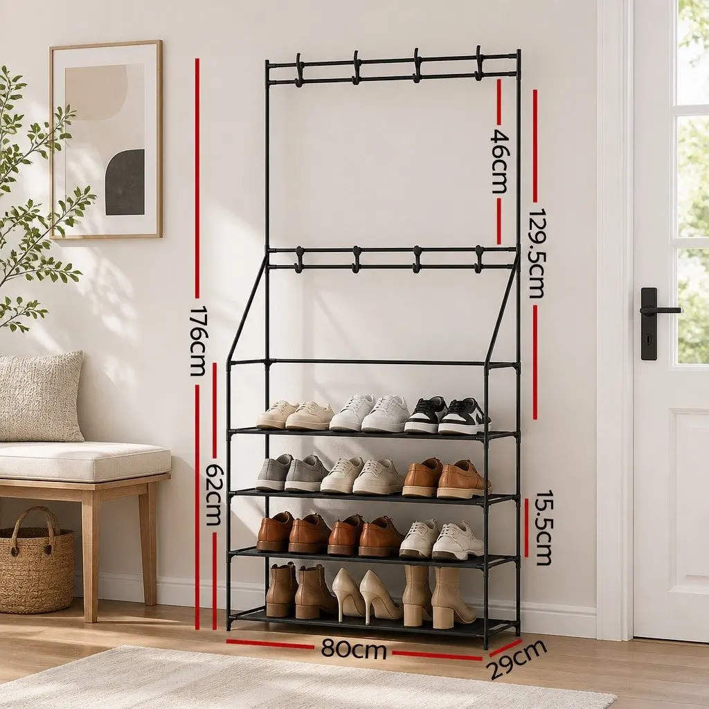 Shoe Rack Hall Tree Metal Five-Tier Storage Organiser Black