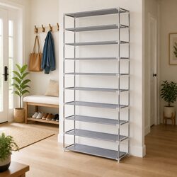 10-Tier Shoe Rack Cabinet Stackable Storage Organizer Silver Metal Frame