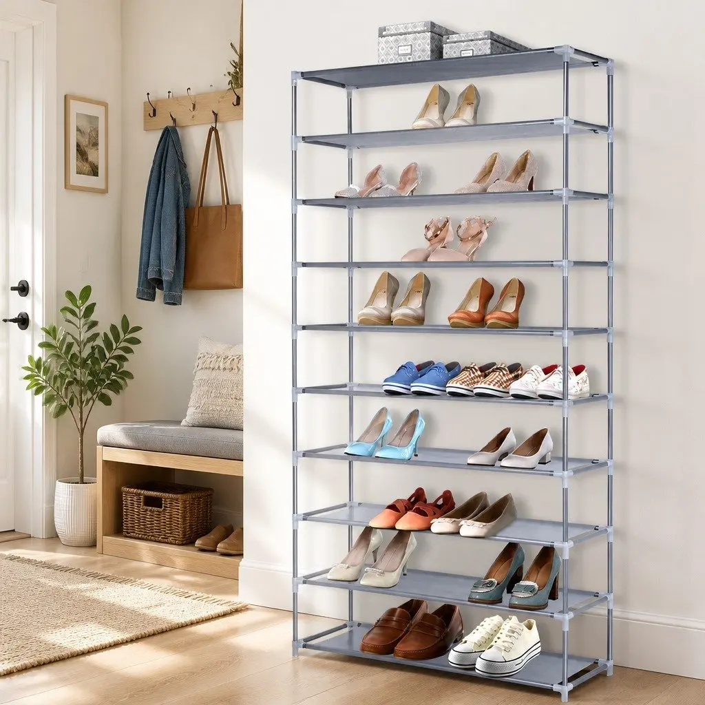 10-Tier Shoe Rack Metal Frame Non-Woven Fabric Silver