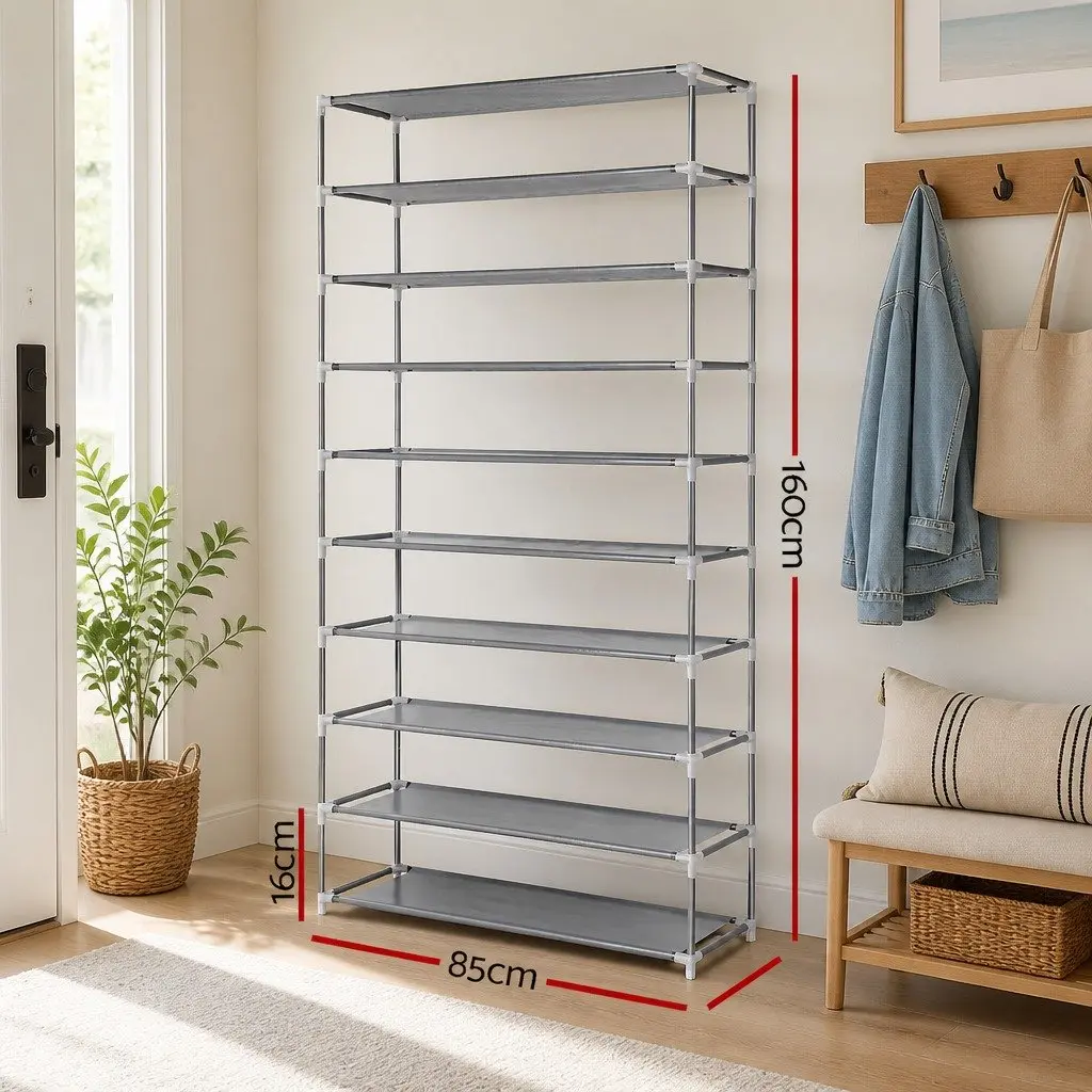 10-Tier Shoe Rack Metal Frame Non-Woven Fabric Silver