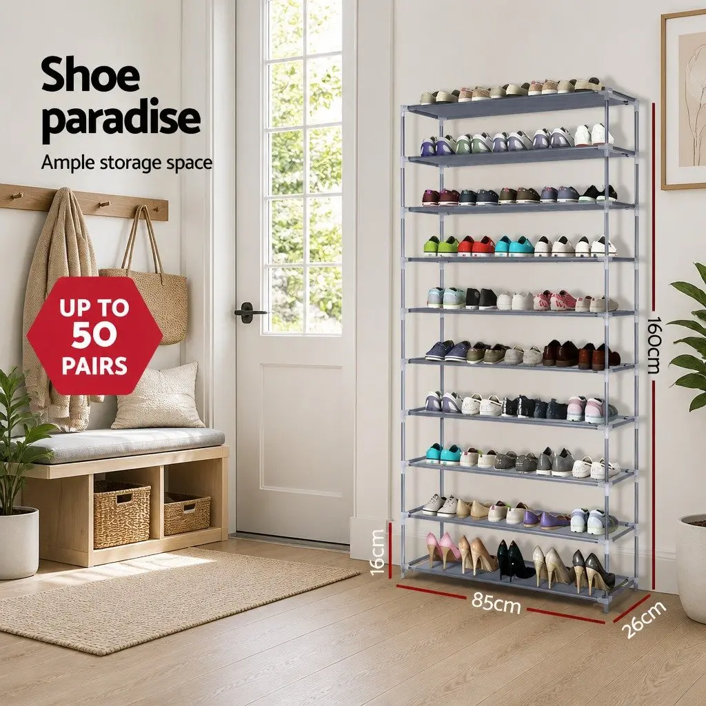 10-Tier Shoe Rack Metal Frame Non-Woven Fabric Silver