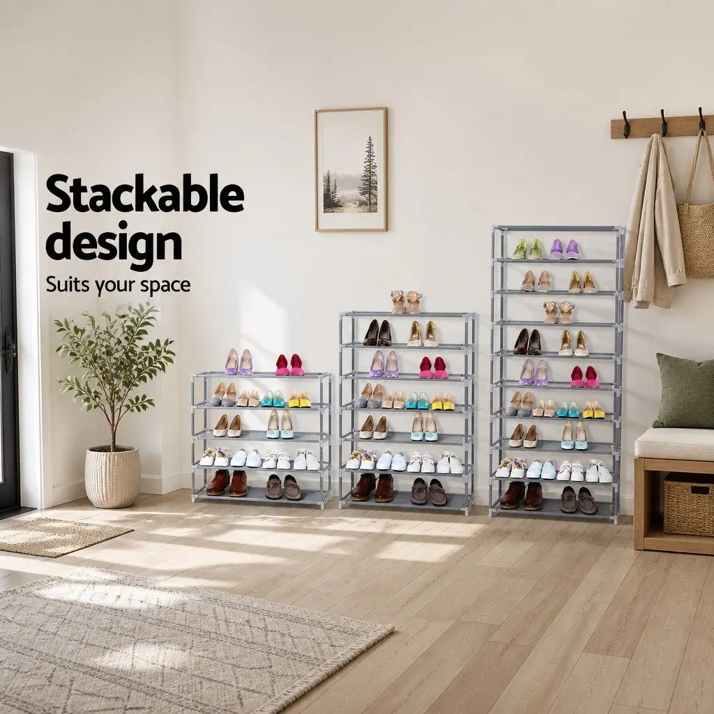 10-Tier Shoe Rack Metal Frame Non-Woven Fabric Silver
