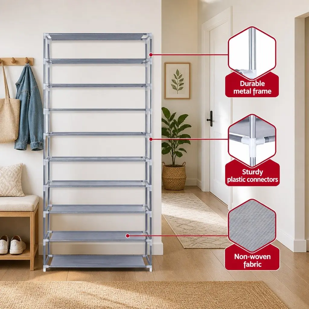 10-Tier Shoe Rack Metal Frame Non-Woven Fabric Silver