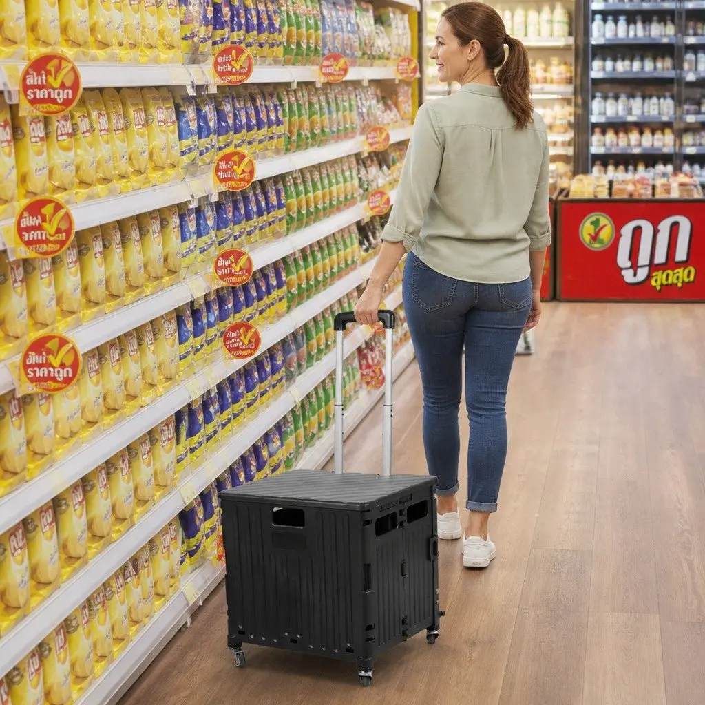 Folding Shopping Trolley Cart PP Plastic Black 42cm x 36cm x 45cm