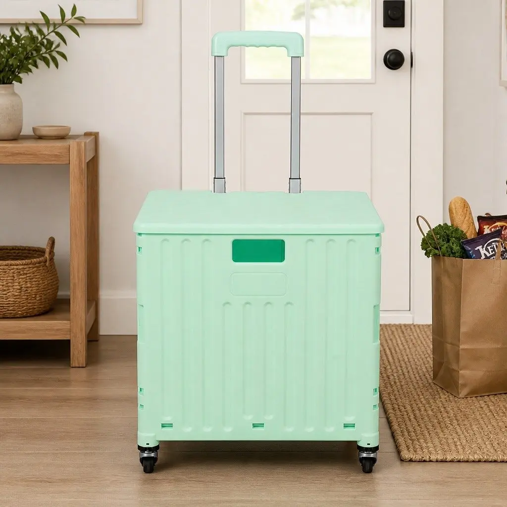 Folding Shopping Trolley Cart PP Plastic Green 42cm L x 36cm W x 45cm H