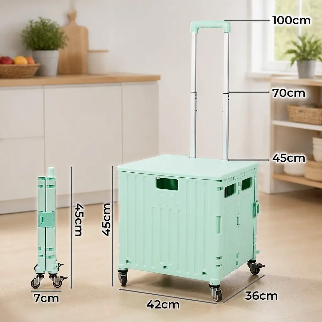 Folding Shopping Trolley Cart PP Plastic Green 42cm L x 36cm W x 45cm H