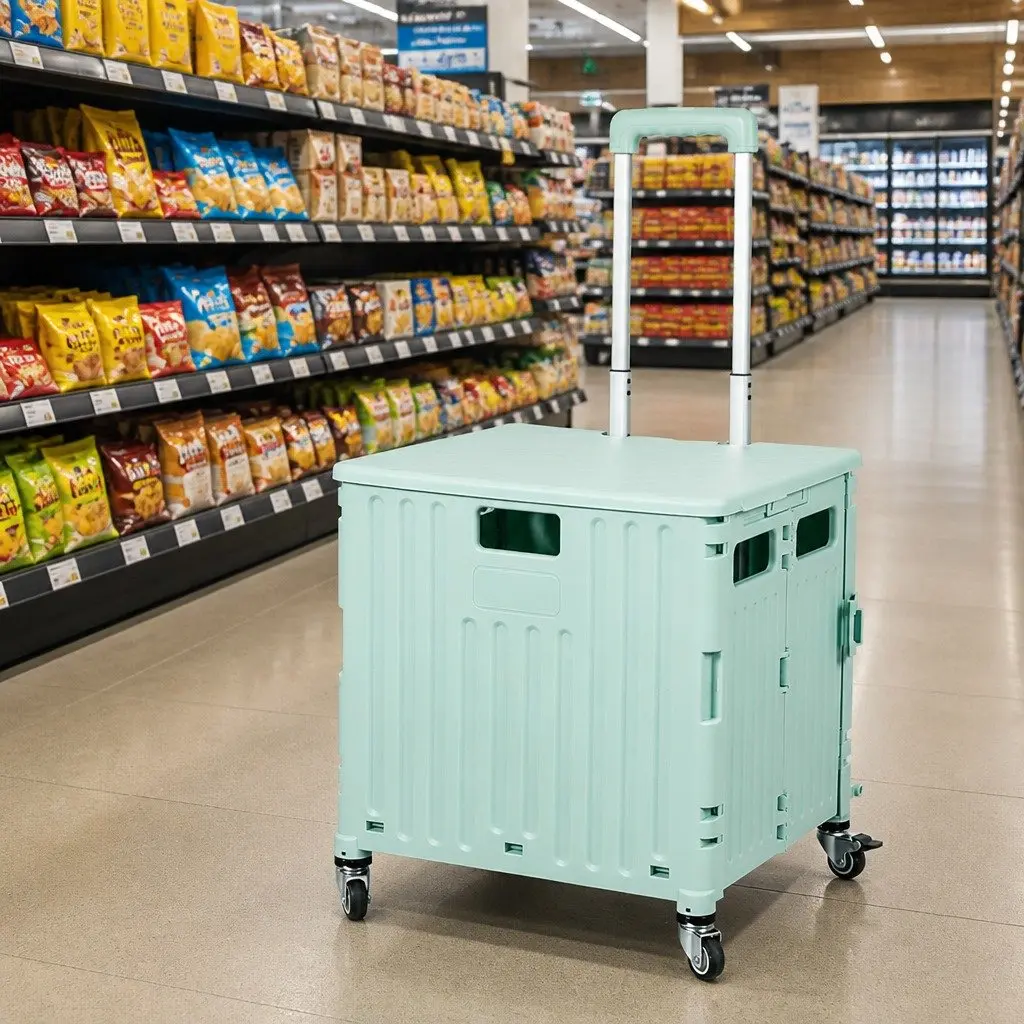 Folding Shopping Trolley Cart PP Plastic Green 42cm L x 36cm W x 45cm H