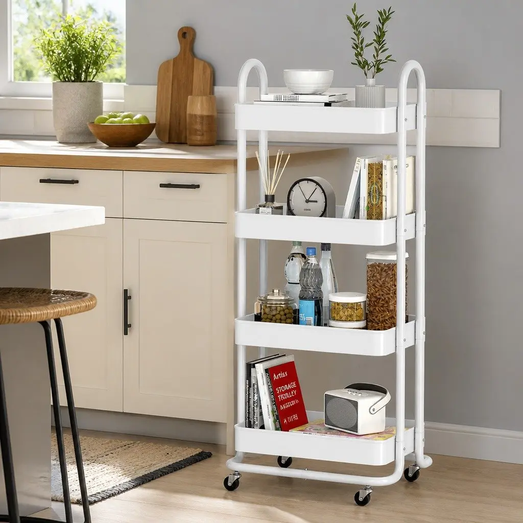 4-Tier White Storage Trolley with Lockable Wheels