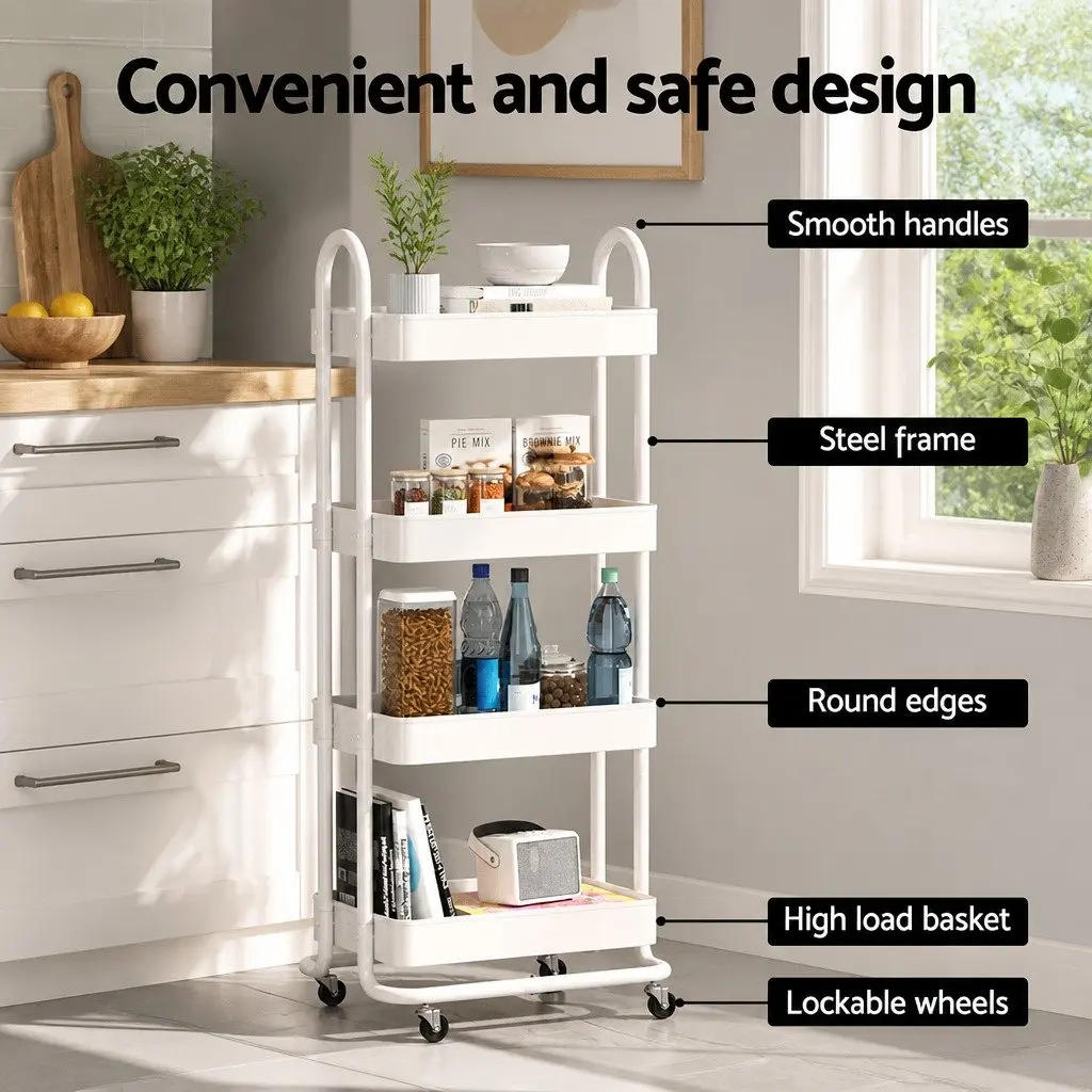 Storage Trolley Iron 4 Tier White Kitchen Cart Rolling Wheels Lockable Portable