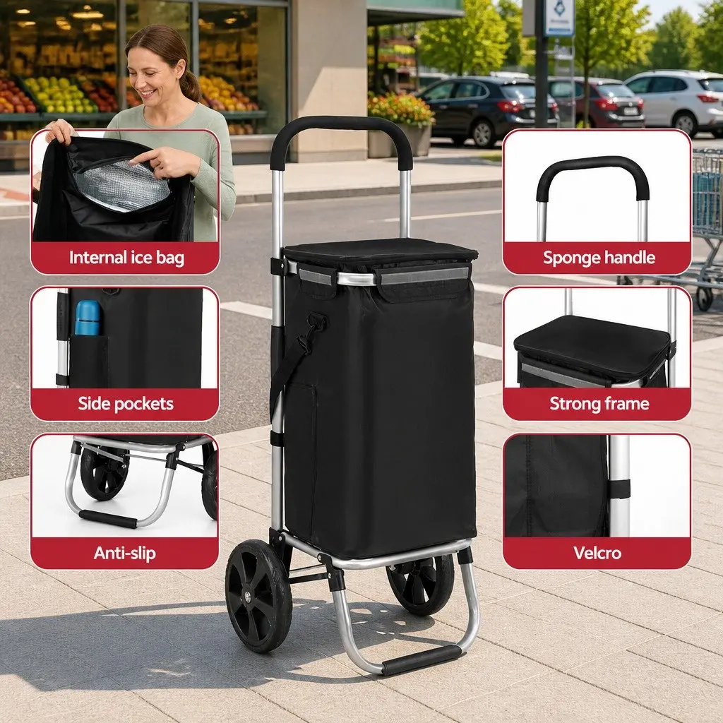Shopping Trolley Cart Aluminium Oxford Cloth Foldable Black 45kg Capacity