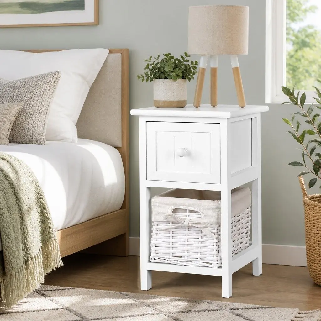 White Bedside Table 1 Drawer with Wicker Basket Storage Rustic Cottage Style x2