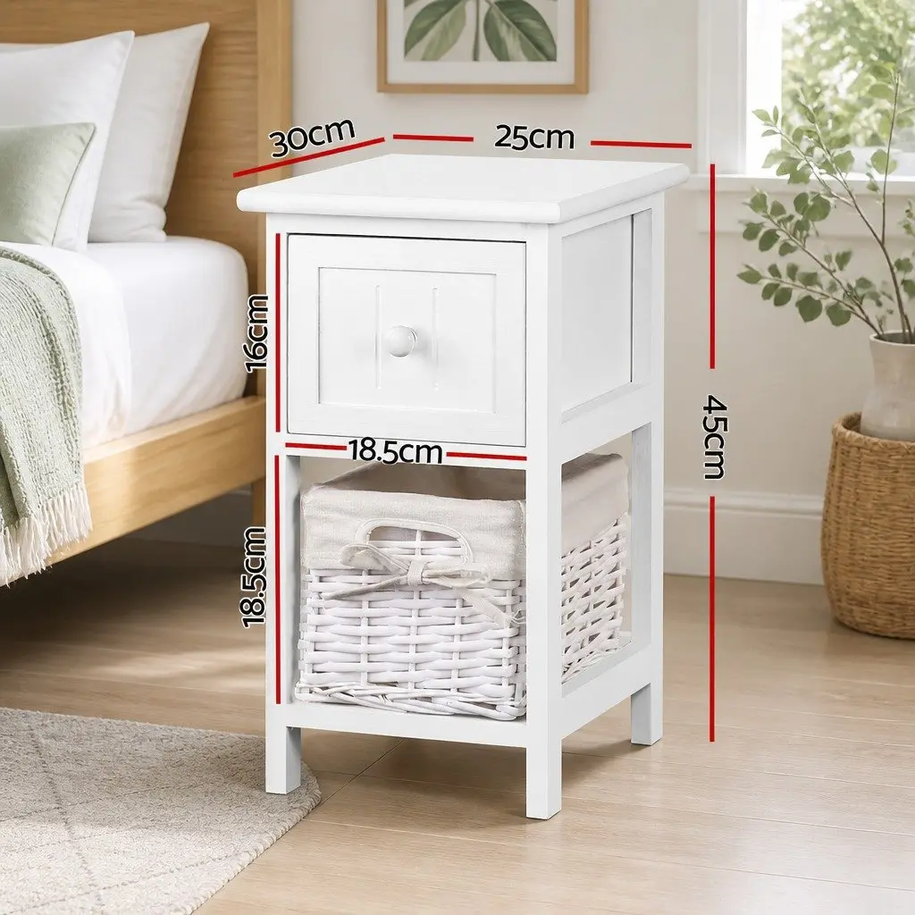 White Bedside Table 1 Drawer with Wicker Basket Storage Rustic Cottage Style x2