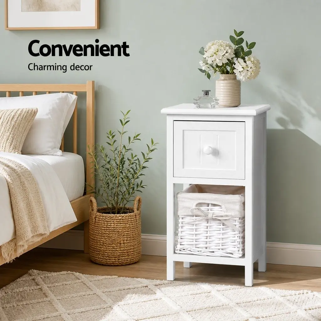 White Bedside Table 1 Drawer with Wicker Basket Storage Rustic Cottage Style x2