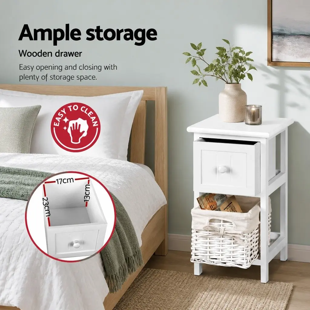 White Bedside Table 1 Drawer with Wicker Basket Storage Rustic Cottage Style x2