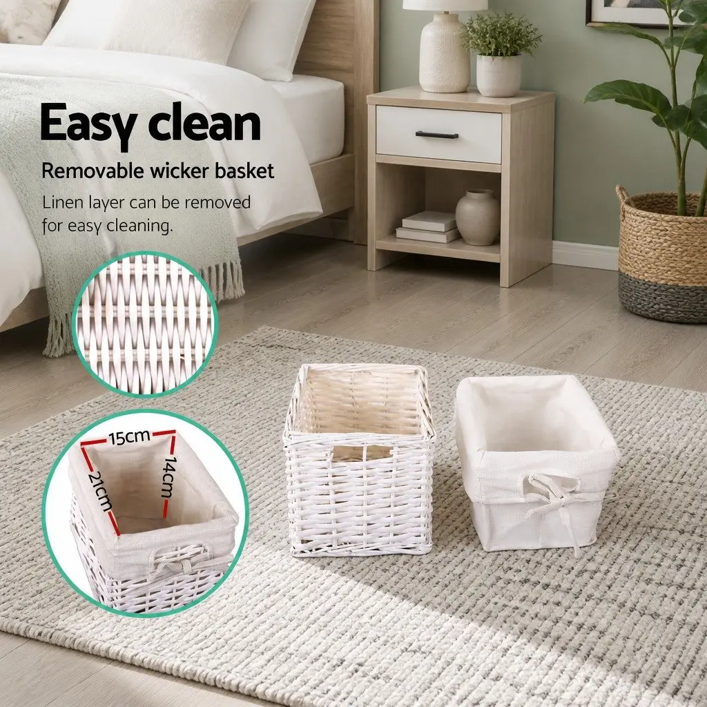 White Bedside Table 1 Drawer with Wicker Basket Storage Rustic Cottage Style x2
