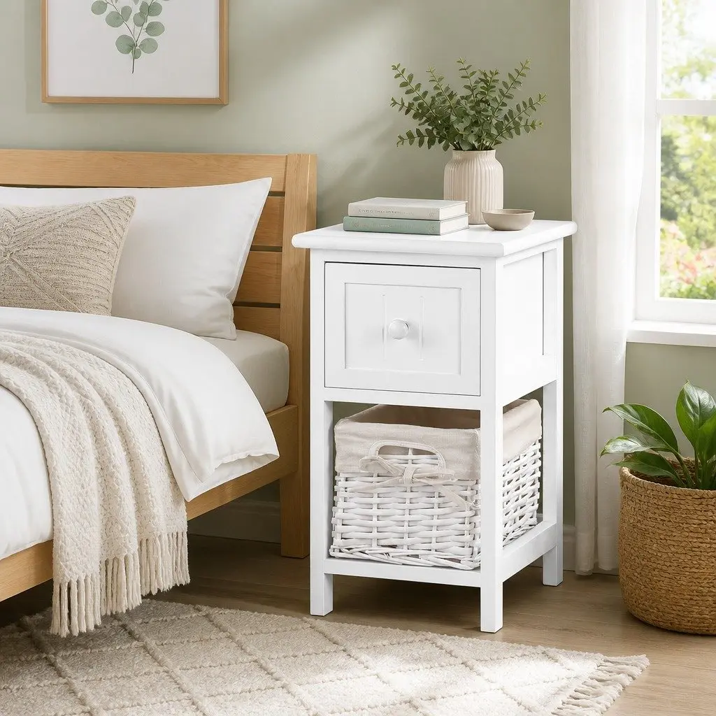 White Bedside Table 1 Drawer with Wicker Basket Storage Rustic Cottage Style x2