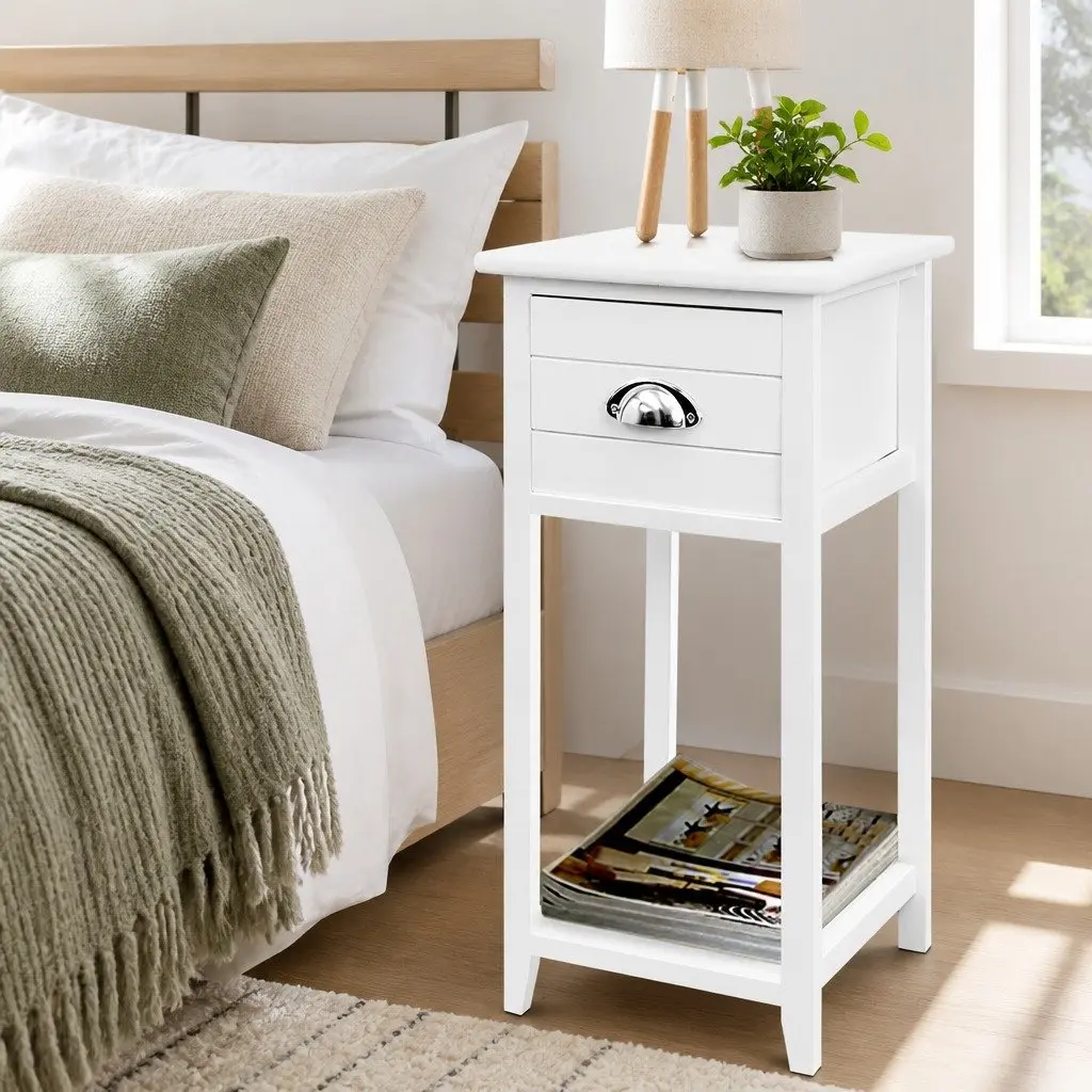 Vintage-Style White Bedside Table with Smooth Drawer
