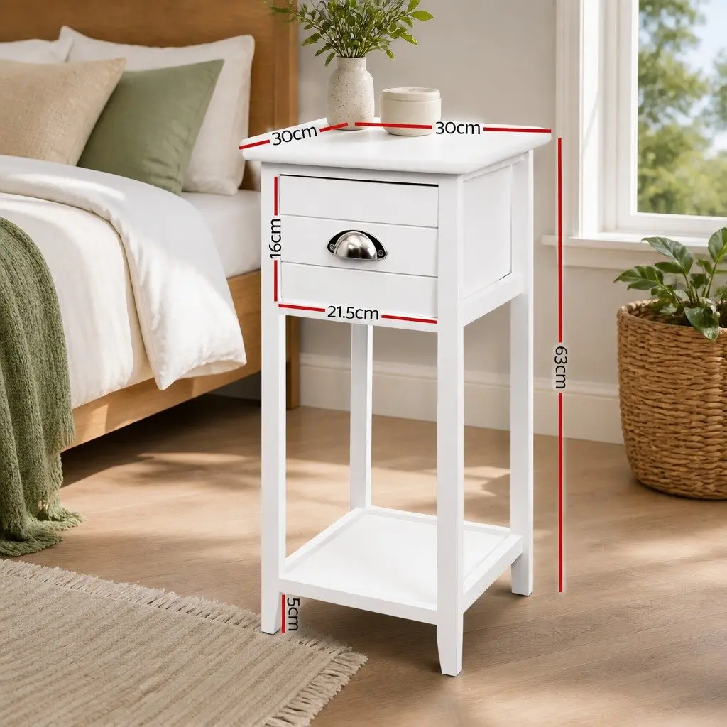 Vintage-Style White Bedside Table with Smooth Drawer
