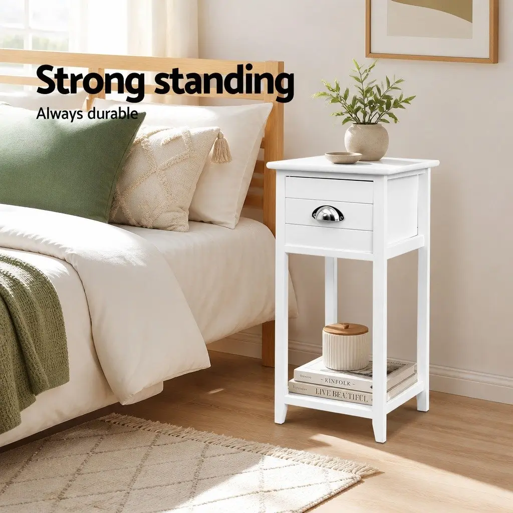 Vintage-Style White Bedside Table with Smooth Drawer