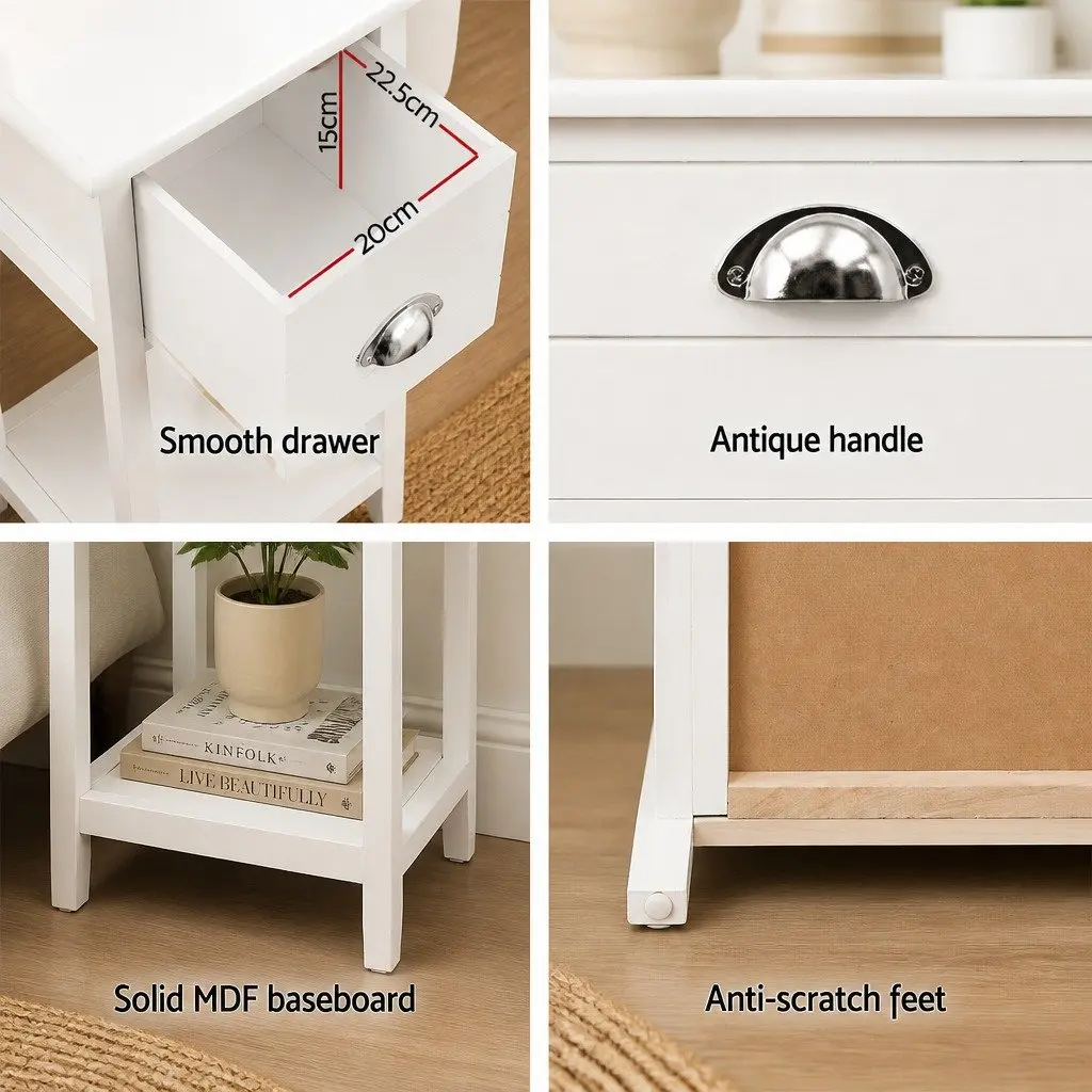 Vintage-Style White Bedside Table with Smooth Drawer