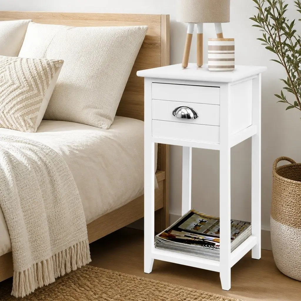 Vintage-Style White Bedside Table with Smooth Drawer