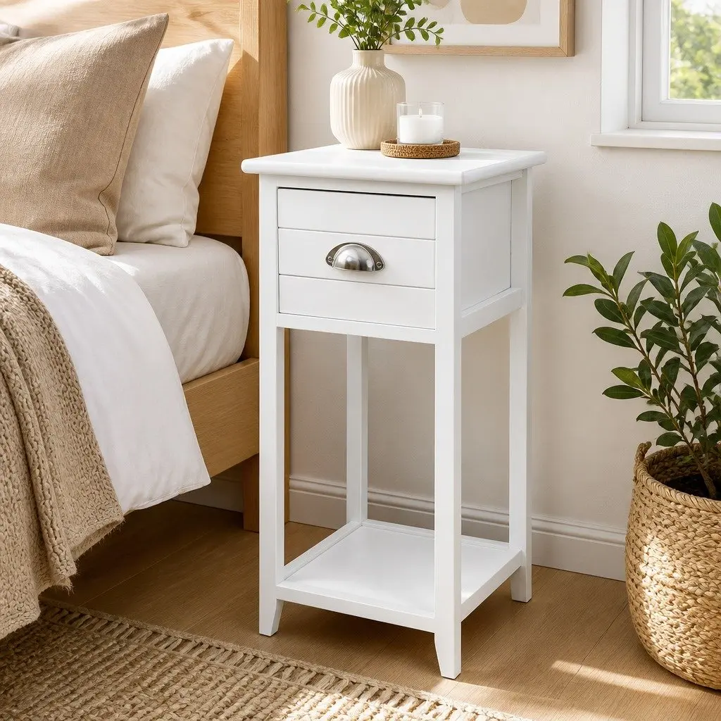 Vintage-Style White Bedside Table with Smooth Drawer