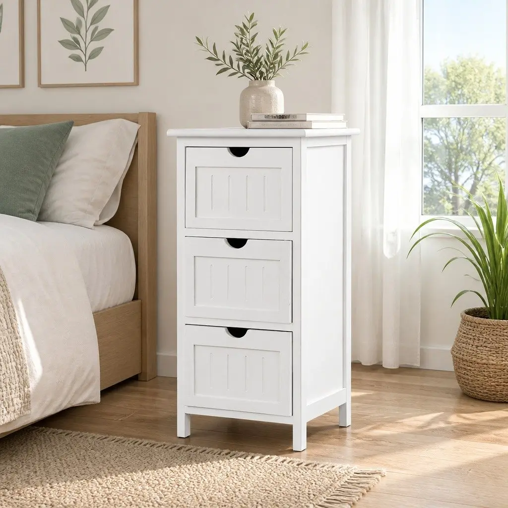 White Bedside Table with 3 Drawers