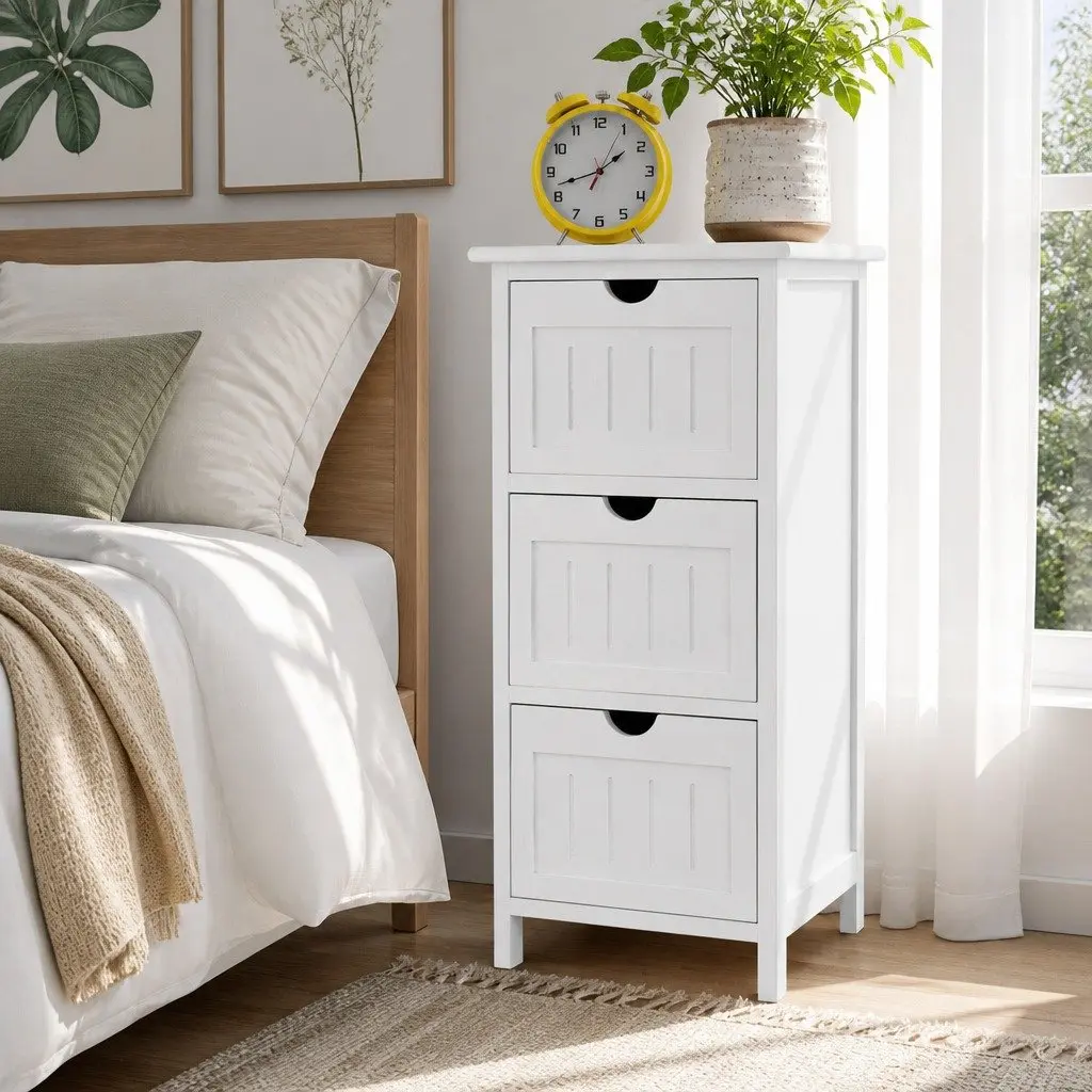 White Bedside Table with 3 Drawers