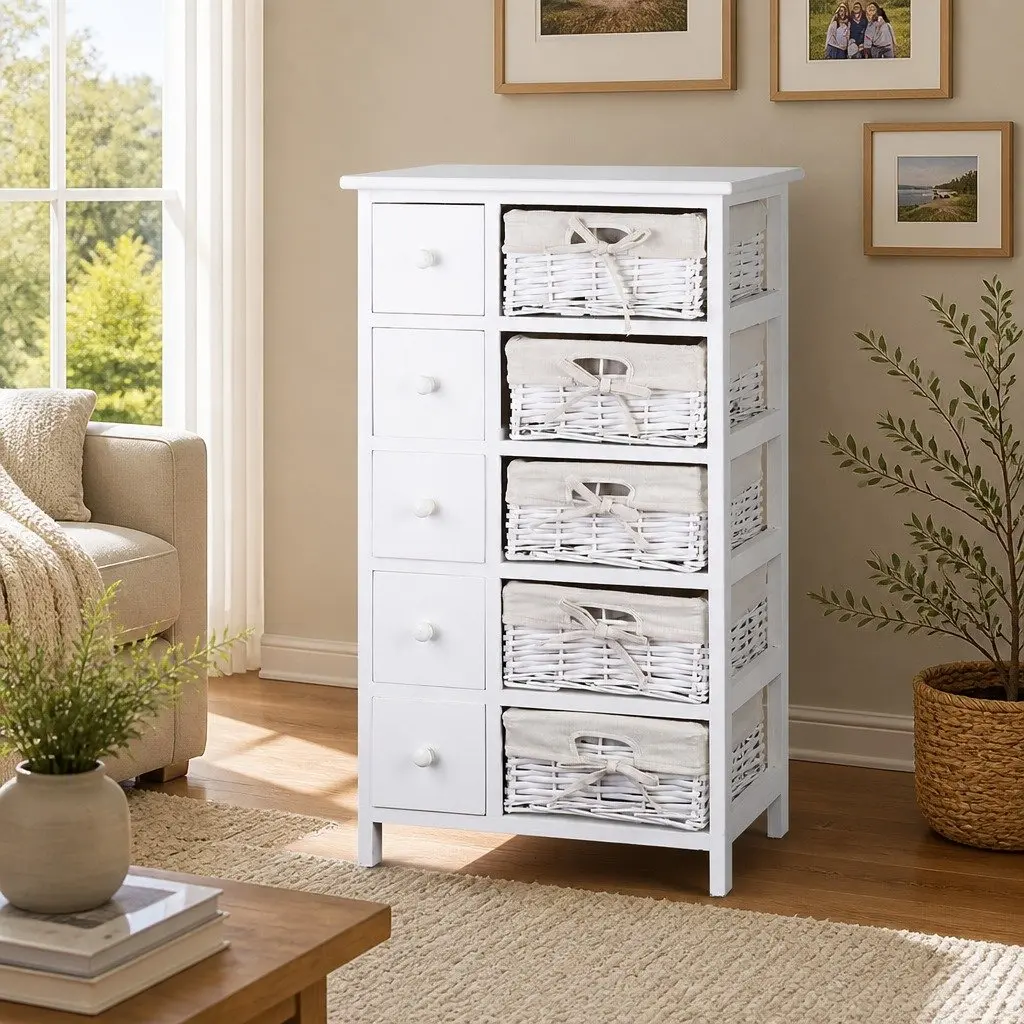 White Storage Cabinet with 5 Drawers and 5 Baskets