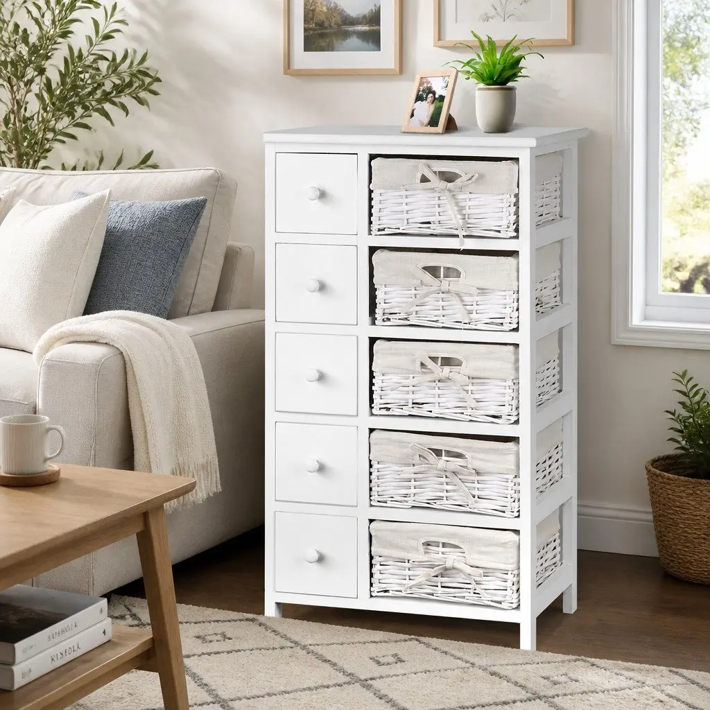 White Storage Cabinet with 5 Drawers and 5 Baskets