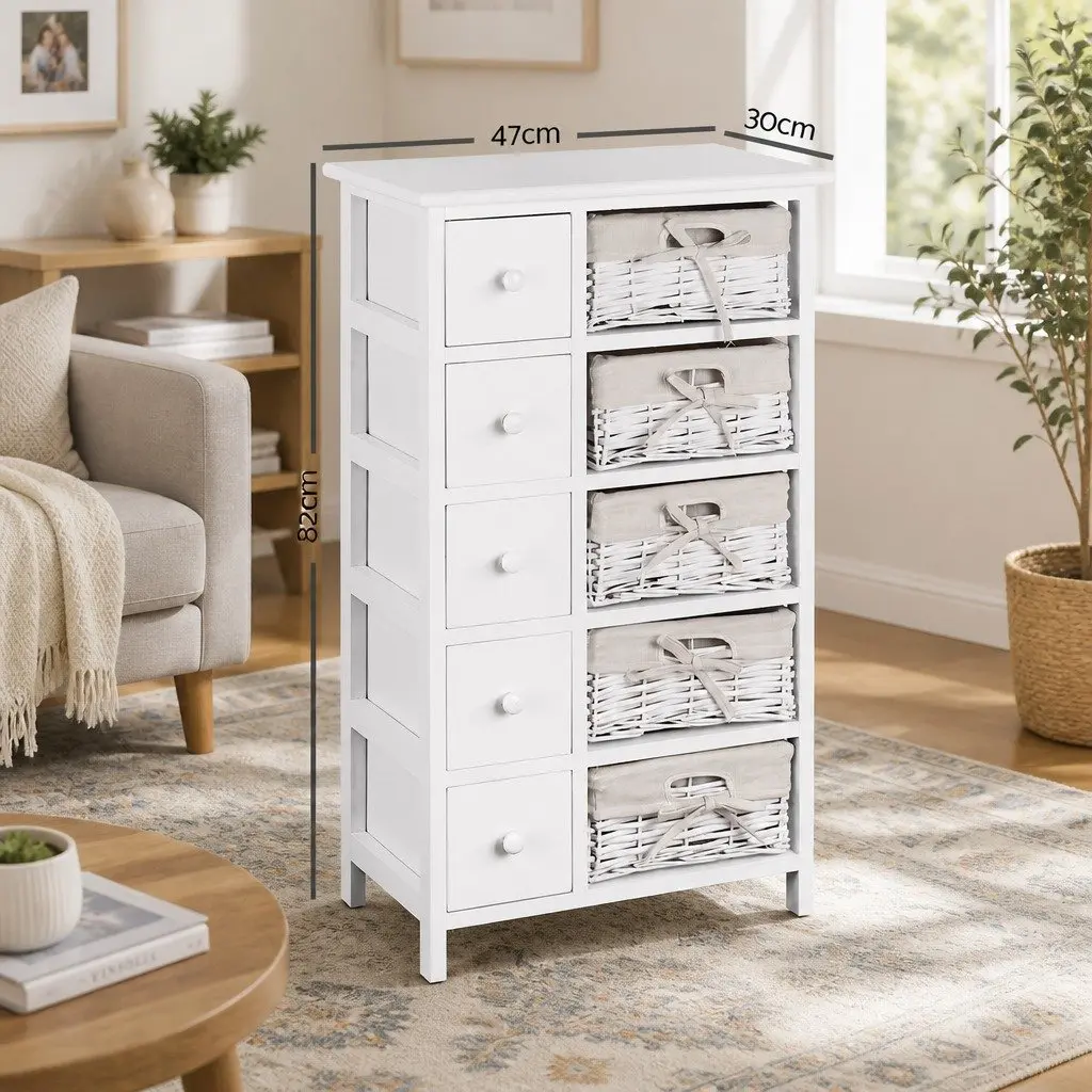 White Storage Cabinet with 5 Drawers and 5 Baskets