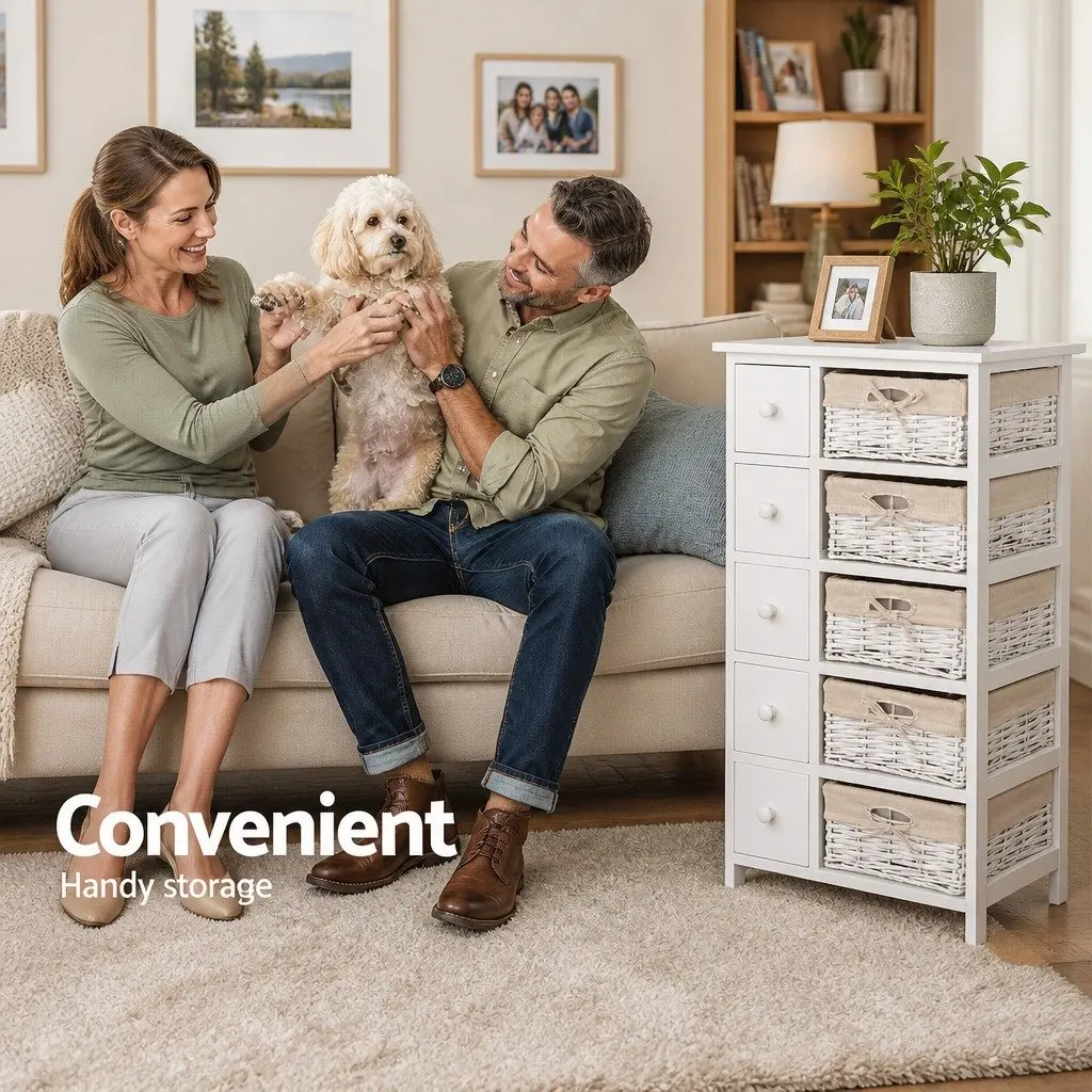 White Storage Cabinet with 5 Drawers and 5 Baskets