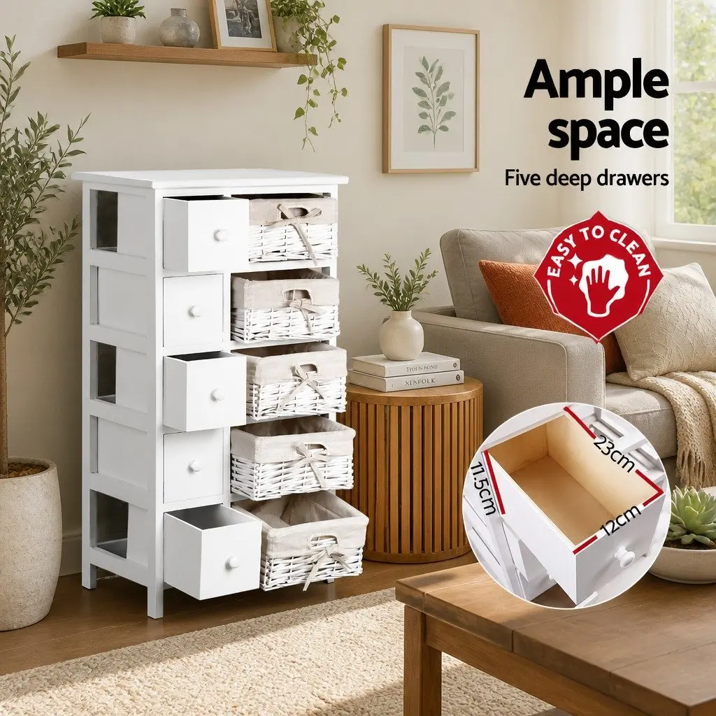 White Storage Cabinet with 5 Drawers and 5 Baskets