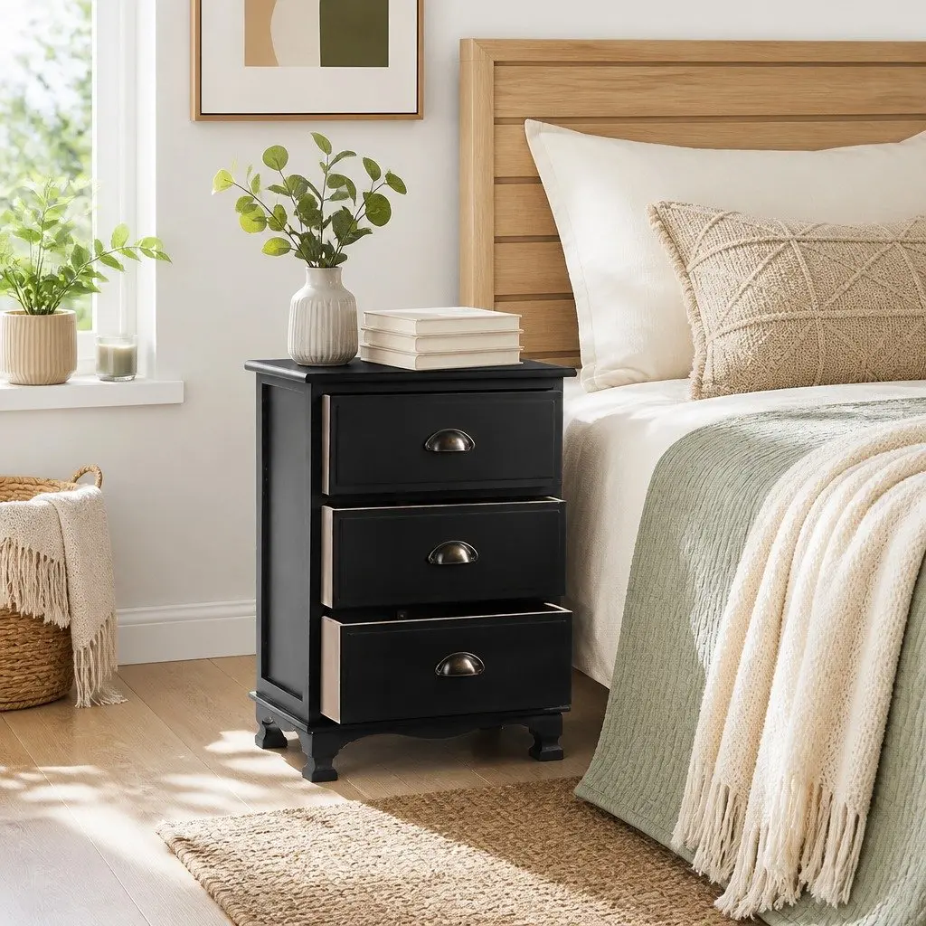 Vintage Black Bedside Table with 3 Drawers