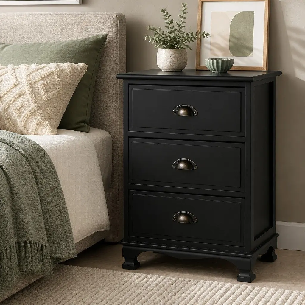 Vintage Black Bedside Table with 3 Drawers for Storage