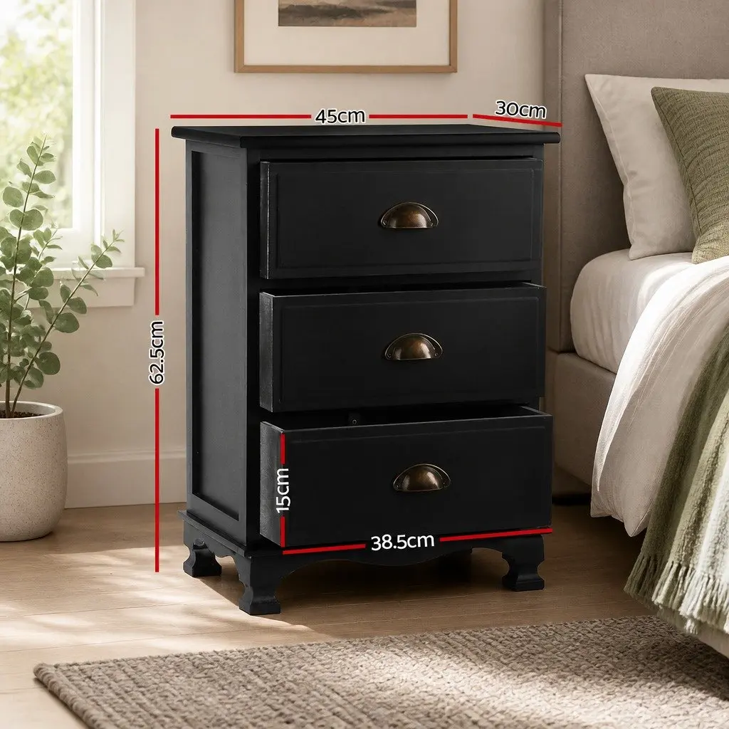 Vintage Black Bedside Table with 3 Drawers for Storage