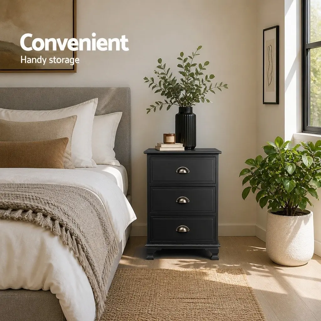 Vintage Black Bedside Table with 3 Drawers for Storage