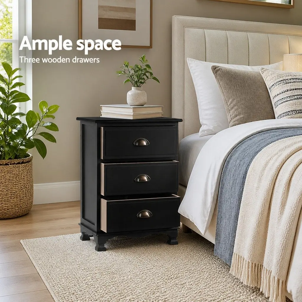 Vintage Black Bedside Table with 3 Drawers for Storage
