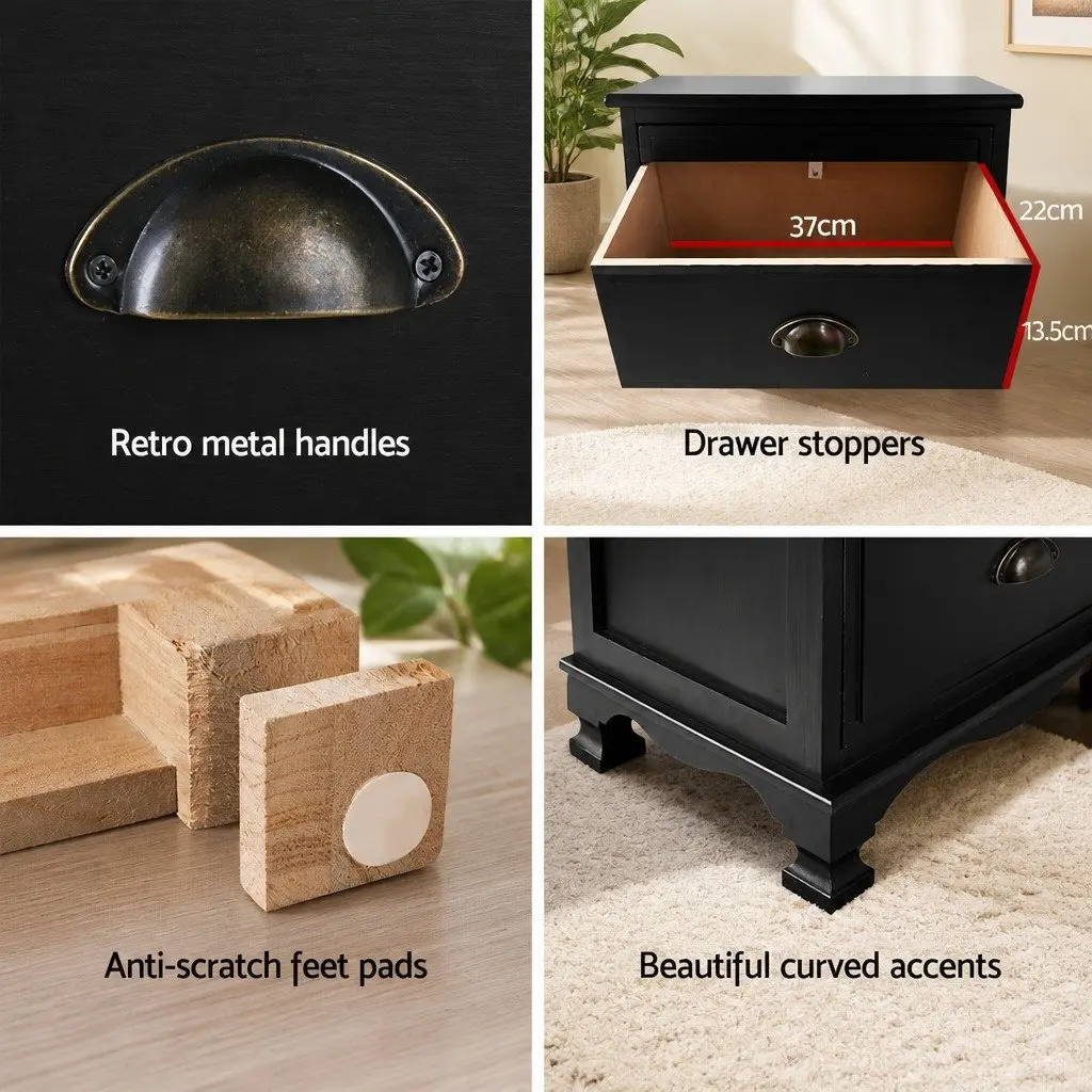 Vintage Black Bedside Table with 3 Drawers for Storage