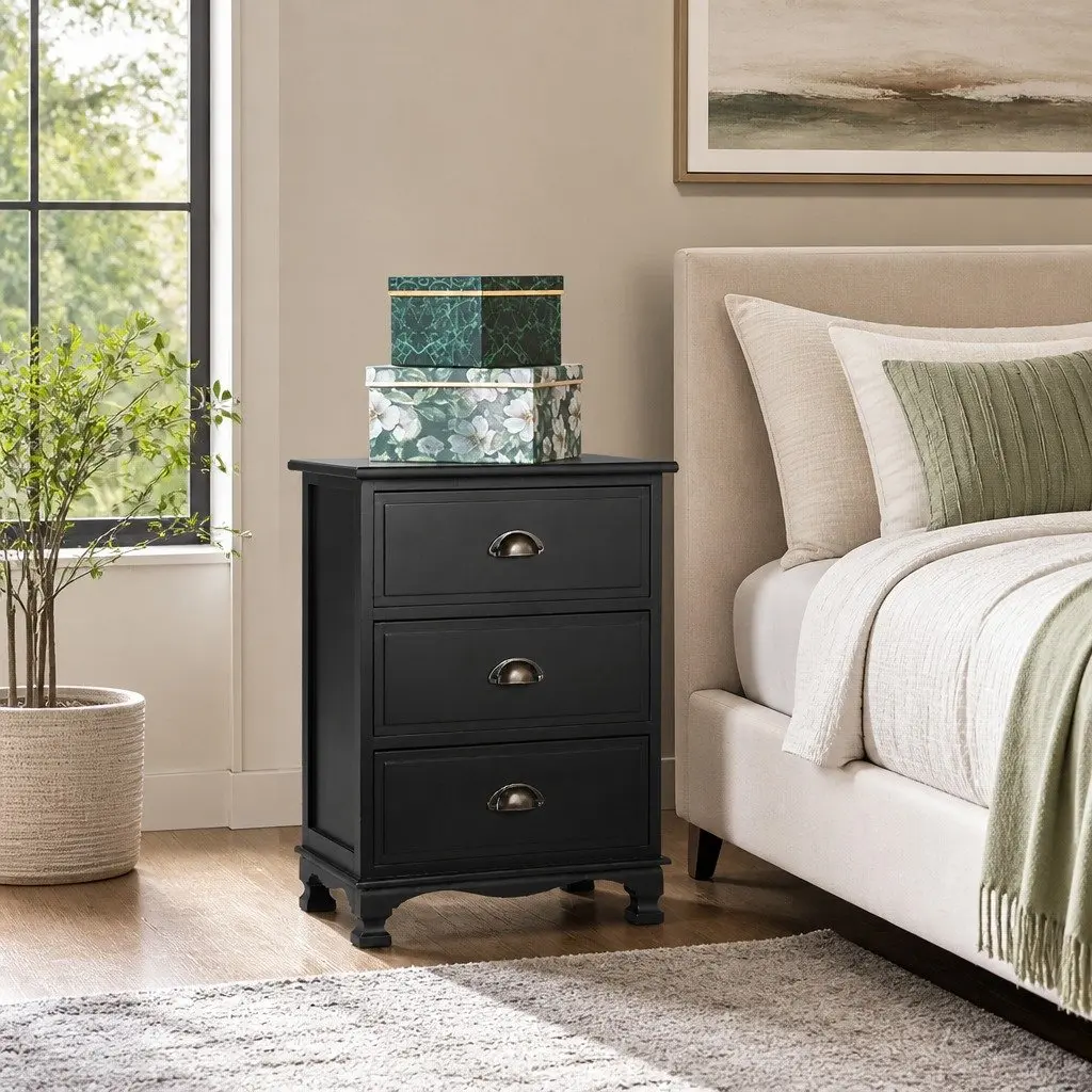 Vintage Black Bedside Table with 3 Drawers for Storage