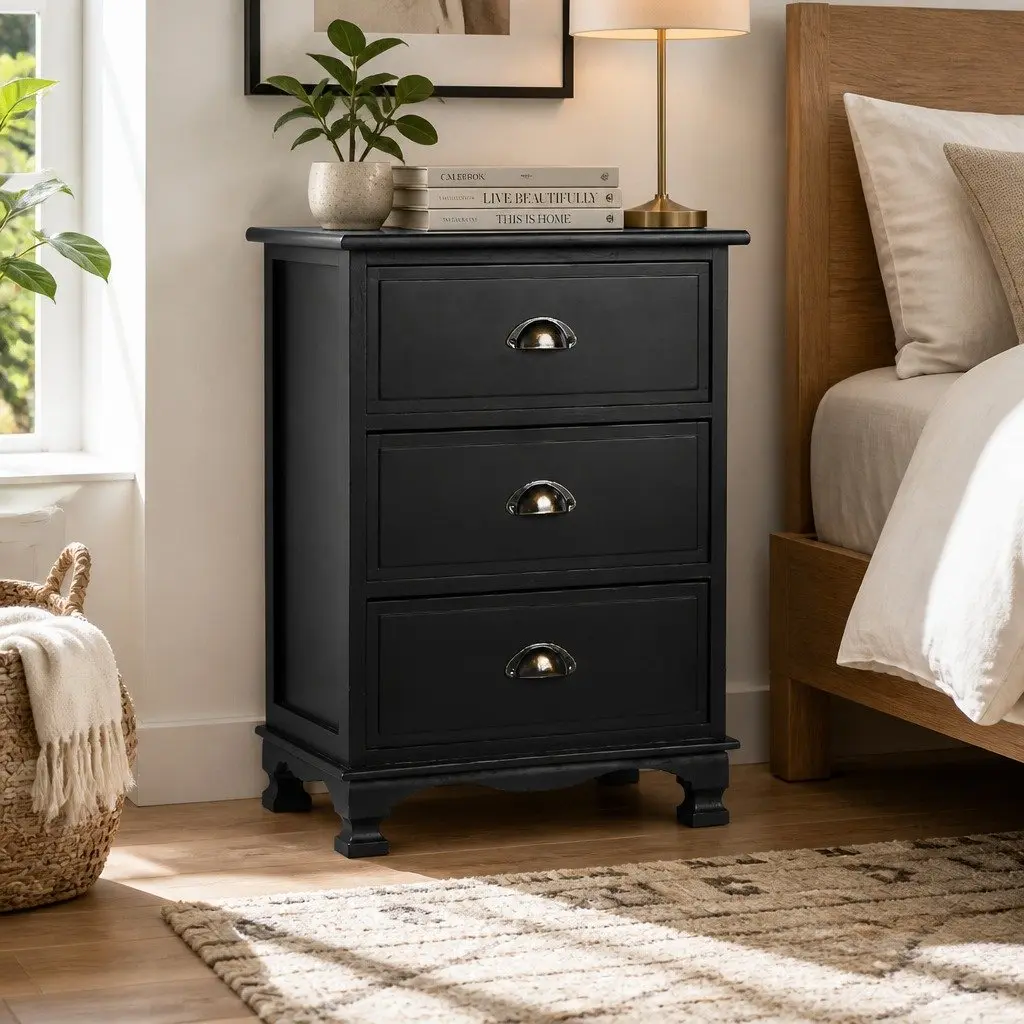 Vintage Black Bedside Table with 3 Drawers for Storage