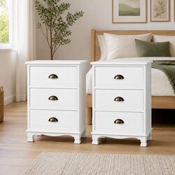 Vintage White Bedside Table with 3 Drawers and Metal Handles