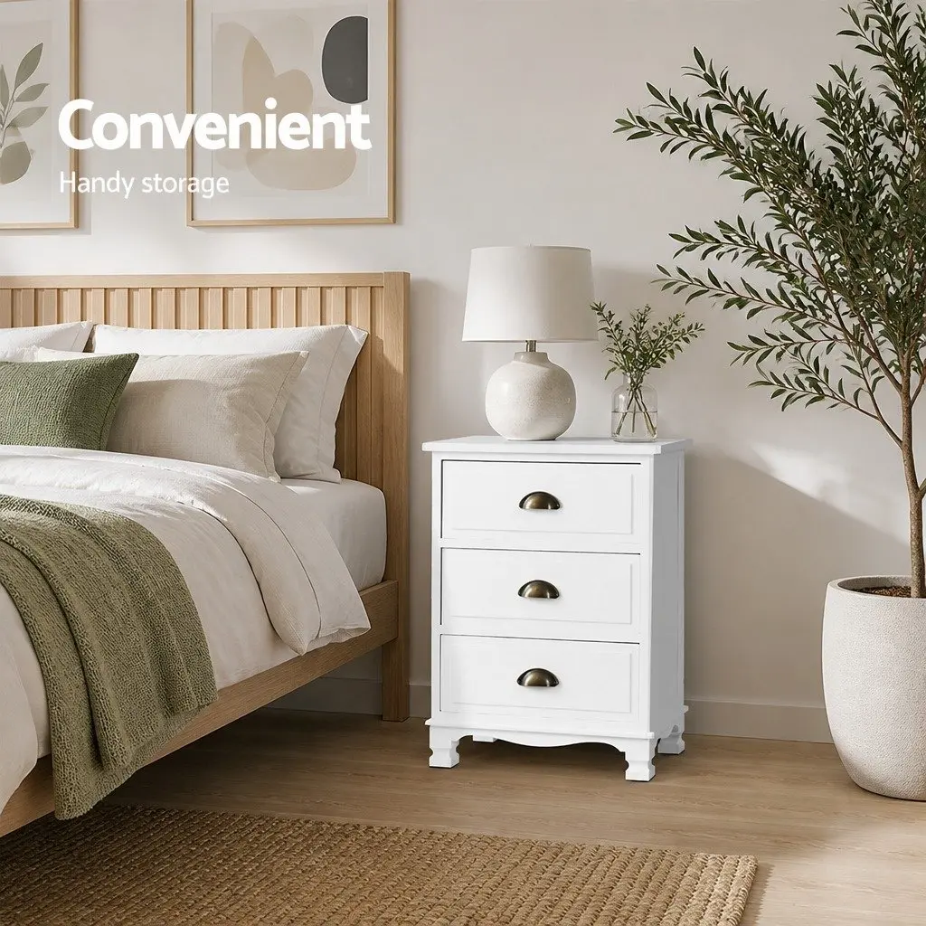 Bedside Table Paulownia Wood MDF 45cm x 30cm x 62.5cm White Vintage 3 Drawers Storage Cabinet Nightstand