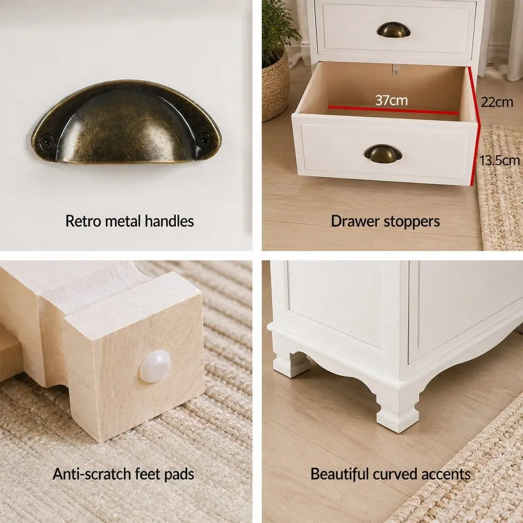 Bedside Table Paulownia Wood MDF 45cm x 30cm x 62.5cm White Vintage 3 Drawers Storage Cabinet Nightstand