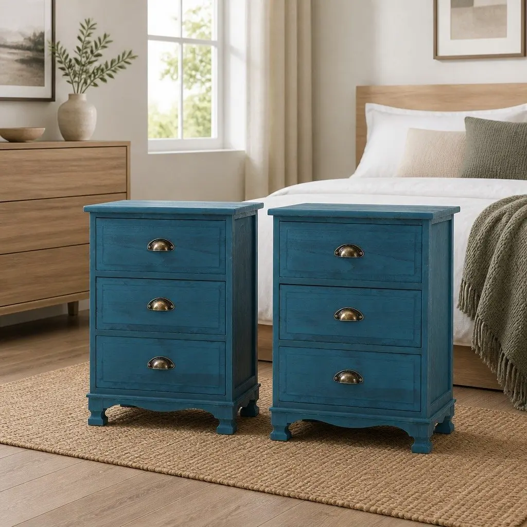 Vintage Blue Bedside Table with 3 Drawers
